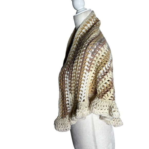 Handmade Beige Brown Cream Crochet Knit Shawl Wrap With Ruffled Edges Soft NEW - Picture 3 of 4